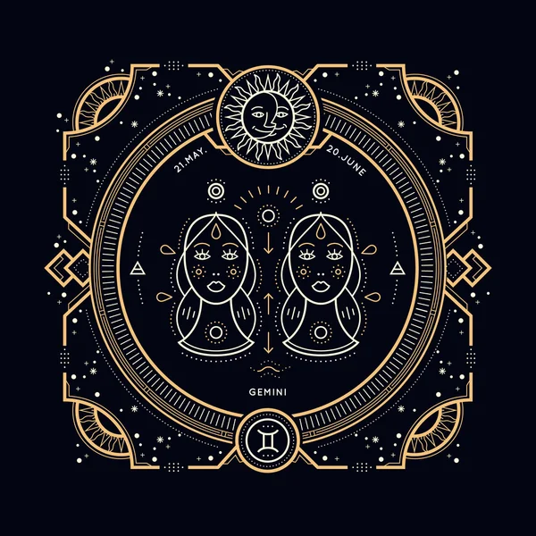 Vintage sottile linea Gemini segno zodiacale etichetta. Simbolo astrologico retrò vettoriale, mistico, elemento di geometria sacra, emblema, logo. Illustrazione contorno traccia . — Vettoriale Stock