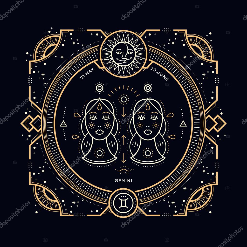 Vintage thin line Gemini zodiac sign label. Retro vector astrological symbol, mystic, sacred geometry element, emblem, logo. Stroke outline illustration.
