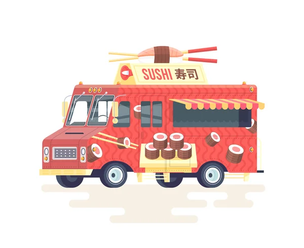 Vector colorido camión de sushi japonés plano. Camión de comida. Aislado sobre fondo blanco . — Vector de stock