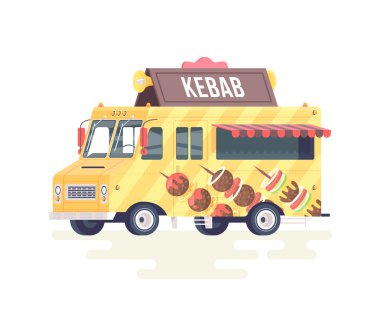 Vektör renkli düz kebap kamyon. Gıda kamyon. Beyaz arka plan üzerinde izole.