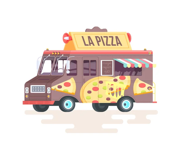 Vector kleurrijke platte pizza truck. Geïsoleerd op witte achtergrond. — Stockvector