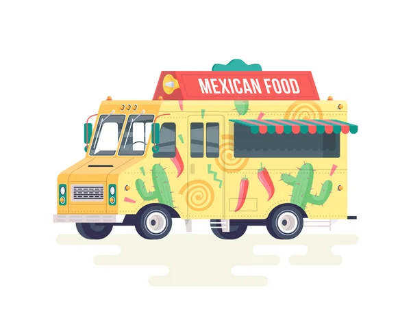 Vector colorful flat Mexican food truck. Food truck. Isolated on white background. — Stock Vector