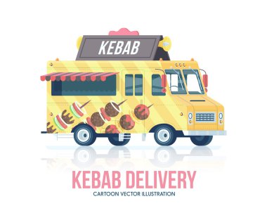 Kebap kamyon. Vektör kebap vagon. Teslimat hizmeti. Sokak mutfağı. Düz illüstrasyon.