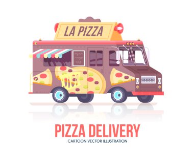Pizza kamyonu. Vektör pizza vagon. Teslimat hizmeti. Düz illüstrasyon.