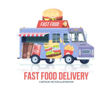 Fast food kamyon. Vektör lokanta vagon. Teslimat hizmeti. Sokak mutfağı. Düz illüstrasyon.