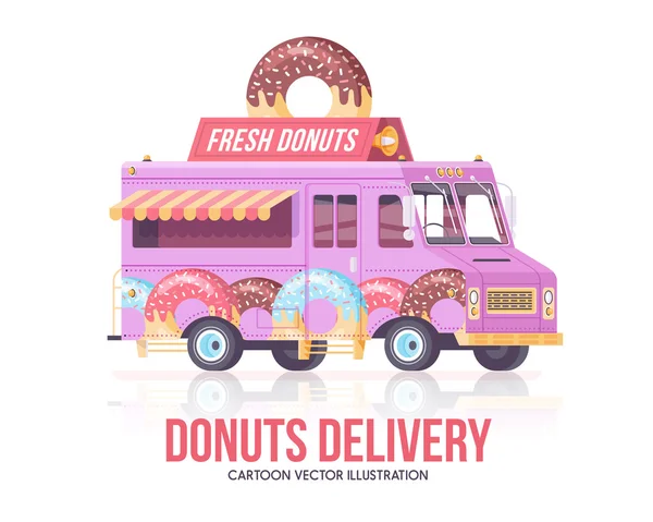 Donut vrachtwagen. Vector donut wagen. Verzendingsdienst. Vlakke afbeelding. — Stockvector