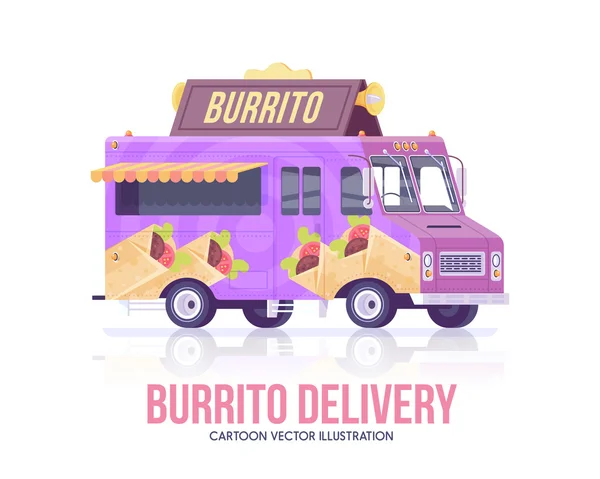 Burrito vrachtwagen. Vector burrito wagen. Verzendingsdienst. Straat keuken. Vlakke afbeelding. — Stockvector