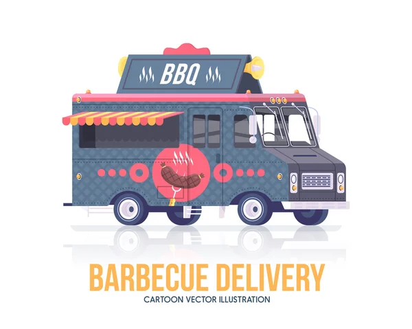 Barbecue de vrachtwagen. Vector barbecue wagen. Verzendingsdienst. Straat keuken. Vlakke afbeelding. — Stockvector