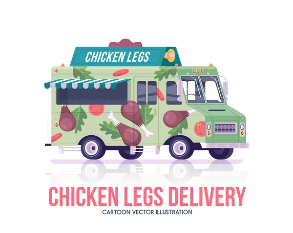 Camion delle zampe di pollo fritto. Vettoriale vagone fast food. Cucina di strada. Servizio di consegna. Illustrazione piatto . — Vettoriale Stock