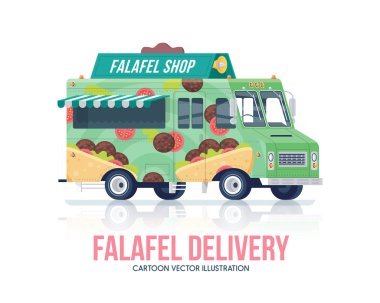 Falafel kamyon. Vektör sokak mutfağı vagon. Sokak mutfağı. Teslimat hizmeti. Düz illüstrasyon.
