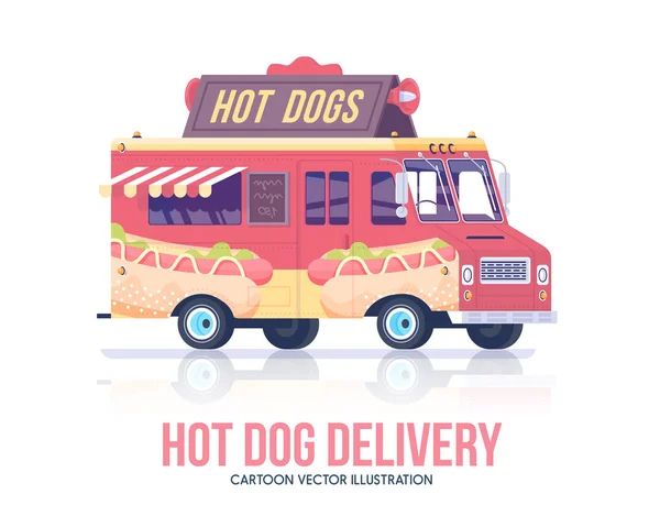 Camion degli hot dog. Un vagone per hot dog vettoriale. Servizio di consegna. Illustrazione piatto . — Vettoriale Stock