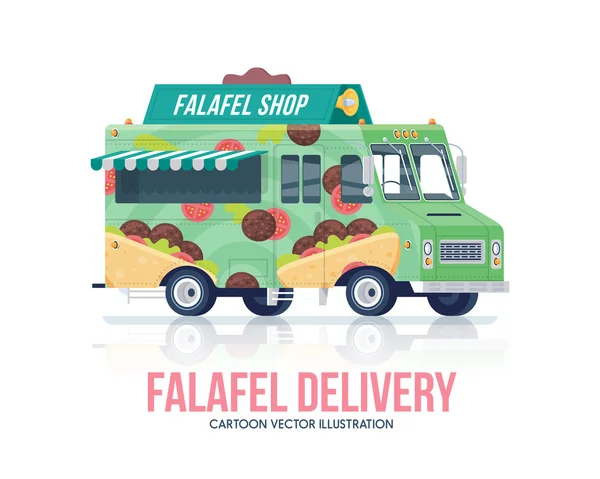 Falafel teherautó. Vektor utcai konyha kocsi. Utcai konyha. Házhozszállítás. Lapos illusztráció. — Stock Vector