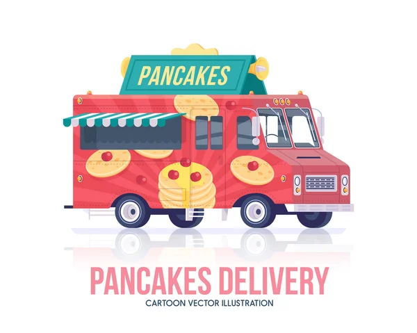 パンケーキのトラック。ベクトル パンケーキ ワゴン。通りの料理。配信サービス。フラットの図. — ストックベクタ