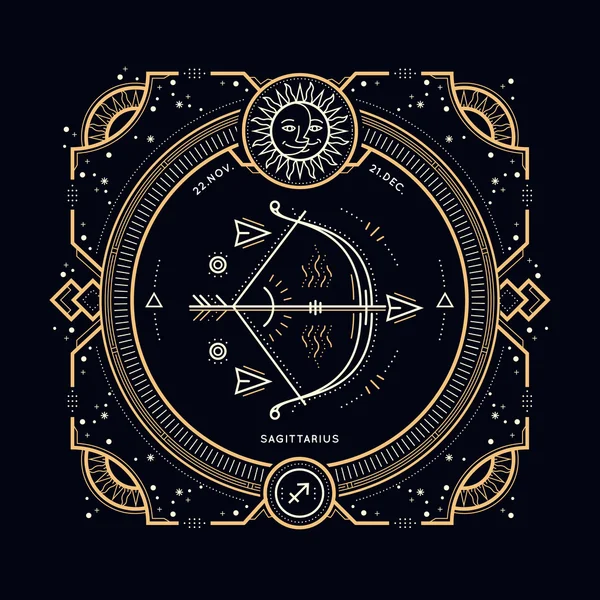 Vintage λεπτή γραμμή Τοξότης zodiac σημάδι ετικέτα. Ρετρό διάνυσμα αστρολογικό σύμβολο, στοιχείο μυστικιστής, ιερή γεωμετρία, έμβλημα, λογότυπο. Εικονογράφηση περίγραμμα πινελιάς. — Διανυσματικό Αρχείο