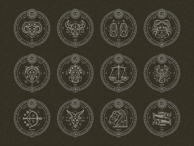 Vektör burç işaretleri ayarlandı. Zodiakal semboller, astroloji elementleri.