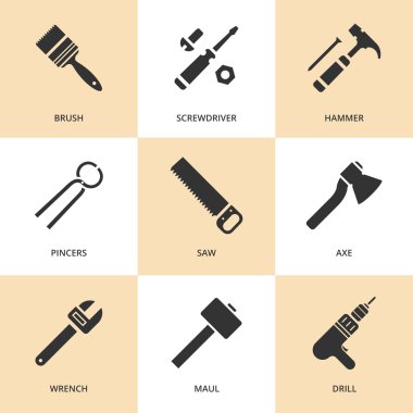 Trendy flat working tools icons. Vector illustration clipart