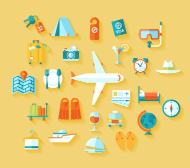 düz tasarım stili modern vektör çizim Icons set bir yaz tatili, turizm planlaması uçakta seyahat