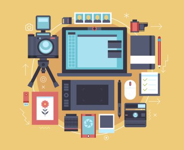 Photographer stuff and elements. Flat vector concept of creative modern workspace. clipart
