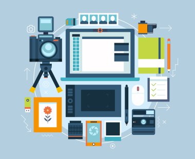 Photographer stuff and elements. Flat vector concept of creative modern workspace. clipart