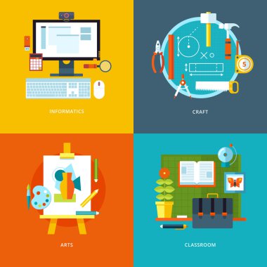 Vector school and education icons set for web design and mobile apps. Illustration for informatics, craft, arts and classroom stuff. clipart