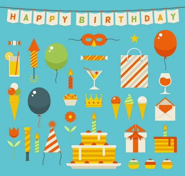 Birthday party flat vector icons. — Stock Vector