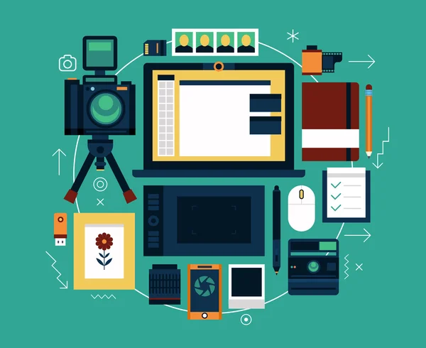 Photographer stuff and elements. Flat vector concept of creative modern workspace. — Stock Vector