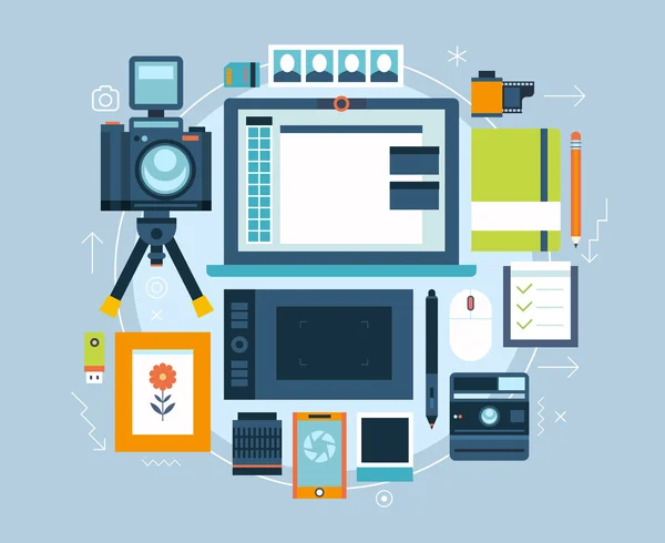 Photographer stuff and elements. Flat vector concept of creative modern workspace. — Stock Vector