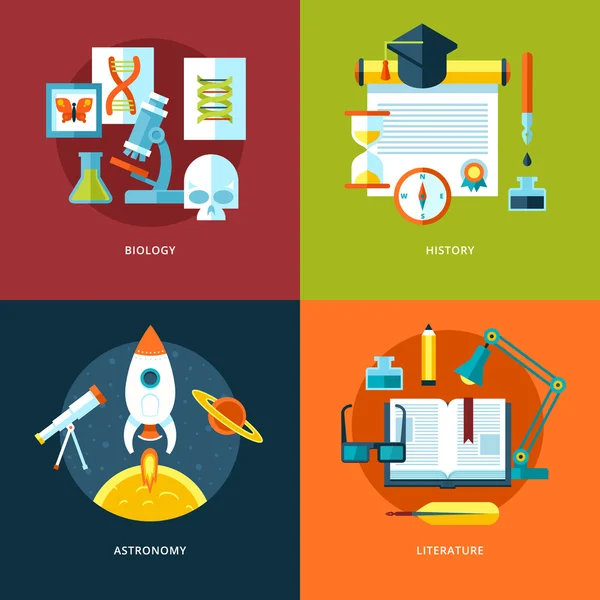 Vector school and education icons set for web design and mobile apps. Illustration for biology, history, astronomy and literature. — Stock Vector