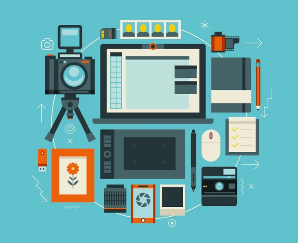 Cosas y elementos de fotógrafos. Concepto de vector plano de espacio de trabajo moderno creativo . — Vector de stock