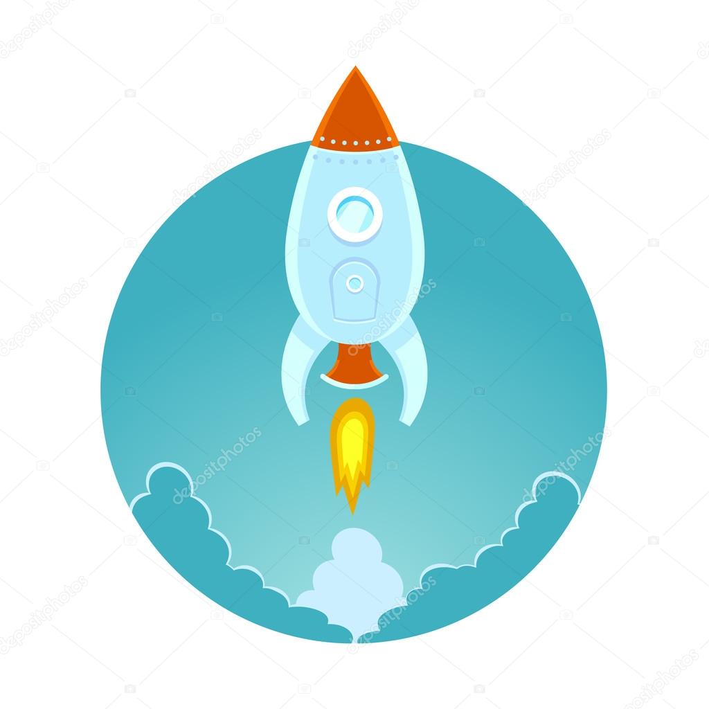 Space rocket flying in sky, flat design colored illustration