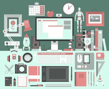 Düz modern tasarım vektör illüstrasyon kavramı yaratıcı office çalışma, işyeri.