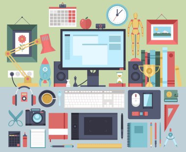 Düz modern tasarım vektör illüstrasyon kavramı yaratıcı office çalışma, işyeri.