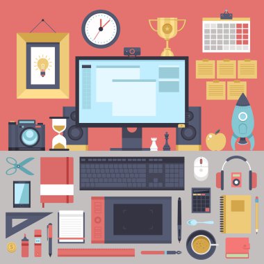 Düz modern tasarım vektör illüstrasyon kavramı yaratıcı office çalışma, işyeri.