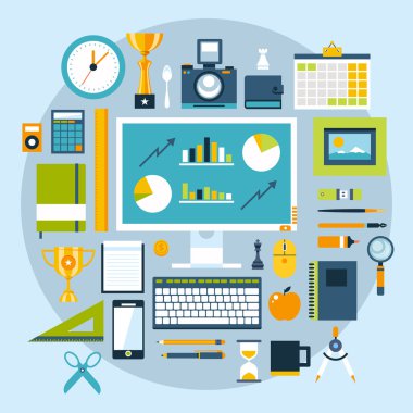 Office öğeleri ve araçlar düz tasarım stili modern vektör çizim simgeler kümesi