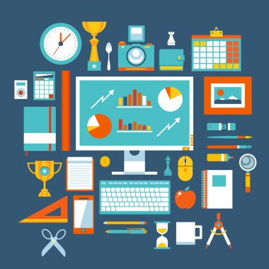 Office öğeleri ve araçlar düz tasarım stili modern vektör çizim simgeler kümesi