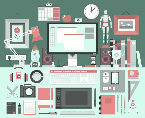 Концепция современной векторной иллюстрации дизайна креативного офисного рабочего пространства, рабочего места
.