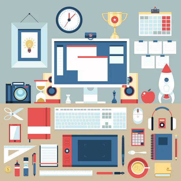 Diseño moderno plano vector ilustración concepto de oficina creativa espacio de trabajo, lugar de trabajo . — Archivo Imágenes Vectoriales