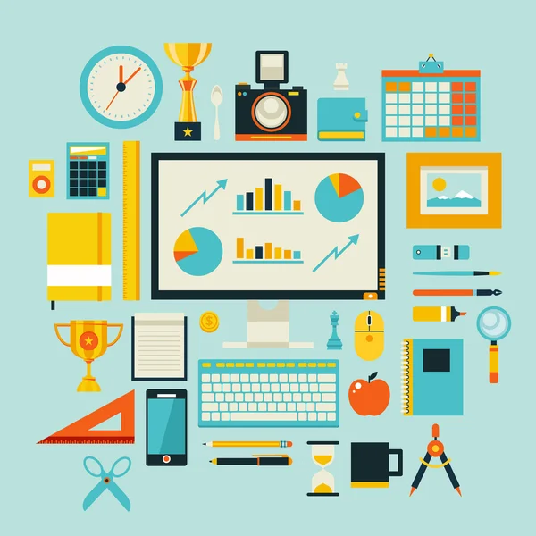 Office öğeleri ve araçlar düz tasarım stili modern vektör çizim simgeler kümesi