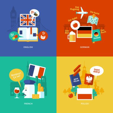 Yabancı diller için düz tasarım kavramı simgeler kümesi. Simgeler için İngiliz, Alman, Fransız ve Lehçe.