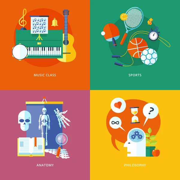 Conjunto de iconos de concepto de diseño plano para la escuela y la educación. Iconos para música, deportes, anatomía y filosofía . — Archivo Imágenes Vectoriales
