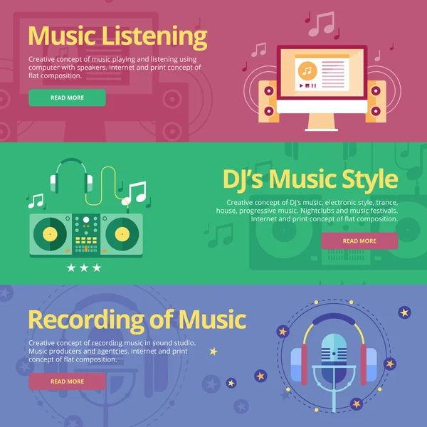 Ensemble de concepts de design plat pour écouter de la musique, style de musique djs, enregistrement. Concepts pour les bannières Web et les documents imprimés — Image vectorielle