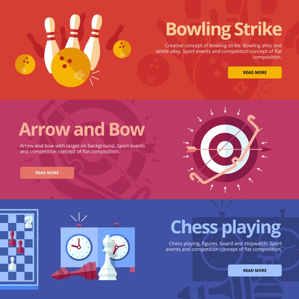 Uppsättning av platt designkoncept för bowling strike, pil och båge, schack spelar. Begrepp för web banners och trycksaker — Stock vektor