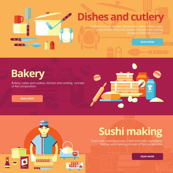 平的概念菜和菜，面包店，寿司制作. — 图库矢量图片