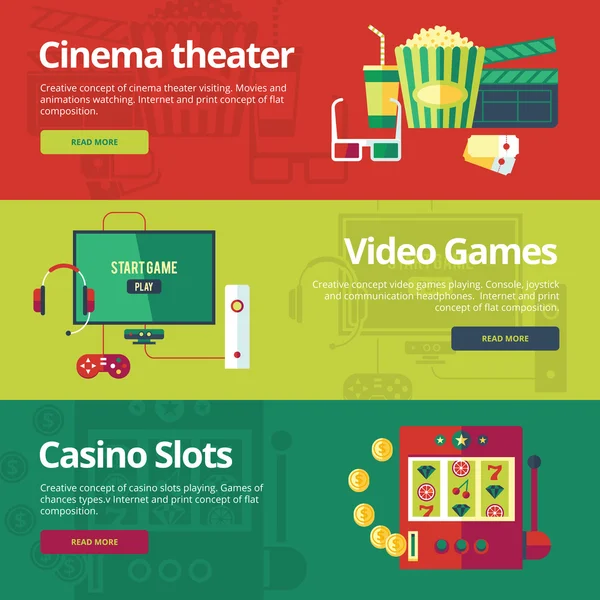 Sinema Tiyatro, video oyunları, casino slot için düz kavramları. — Stok Vektör