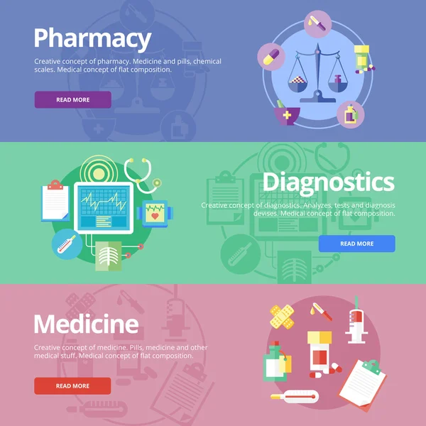Düz tasarım kavramları eczane, tanılama, ilaç için kümesi. Web afiş ve baskı malzemeleri için tıbbi kavramları.