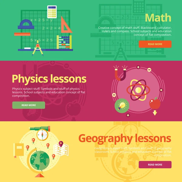 Set van platte ontwerpconcepten voor wiskunde, fysica, geografie. Onderwijs concepten voor webbanners en print materialen. — Stockvector