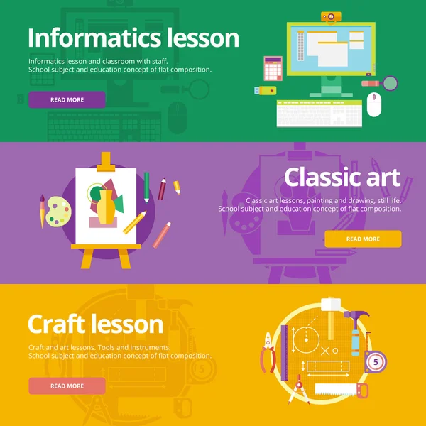 Conjunto de conceptos de diseño plano para informática, arte clásico, clases de artesanía. Conceptos educativos para banners web y materiales impresos . — Archivo Imágenes Vectoriales