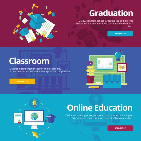 卒業、教室、オンライン教育のための平らな設計概念のセットです。Web バナー広告と印刷材料教育の概念. — ストックベクタ