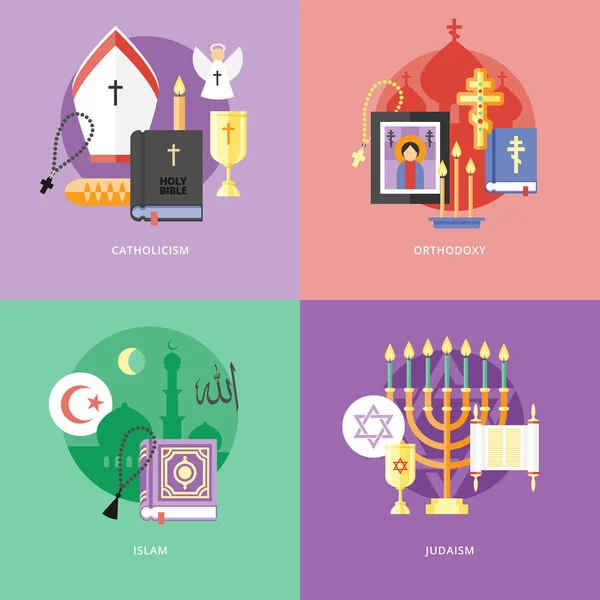 Conjunto de iconos de concepto de diseño plano para religiones y confesiones. Iconos para catolicismo, ortodoxia, islam, judaísmo . — Vector de stock