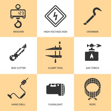 Trendy flat working tools icons black silhouettes clipart